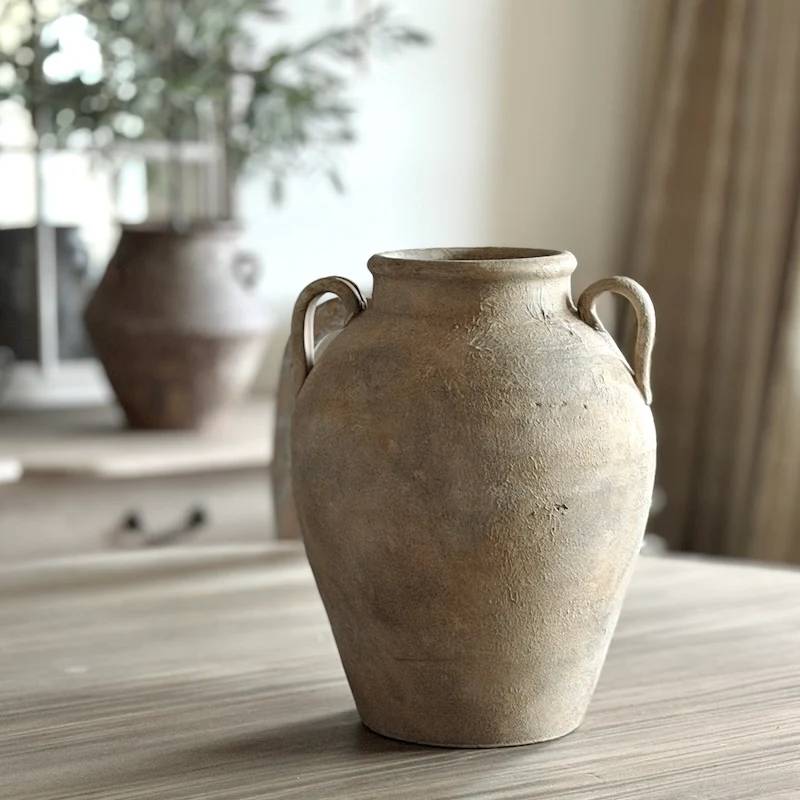 Aged Weathered Terracotta Urn Vase with Handles
