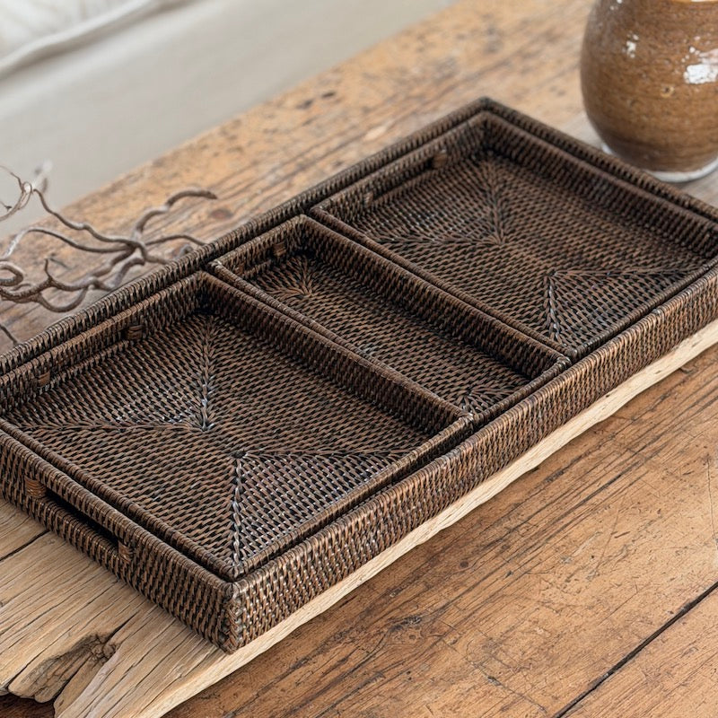 Antique Brown Low Profile Rattan Trays Four Sizes Available - Image 2