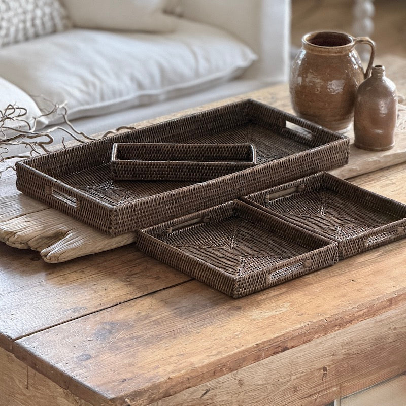 Antique Brown Low Profile Rattan Trays Four Sizes Available - Image 7