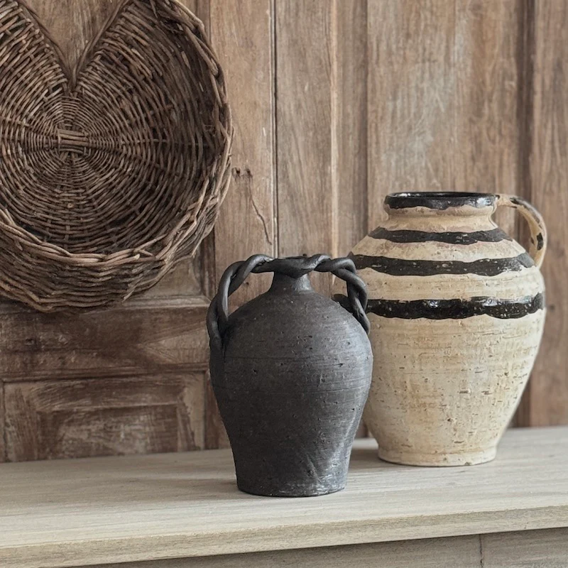 Artisan Rustic Twisted Handle Vase & Striped Terracotta Pitcher - Image 2