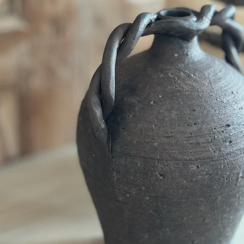 Artisan Rustic Twisted Handle Vase & Striped Terracotta Pitcher - Image 4