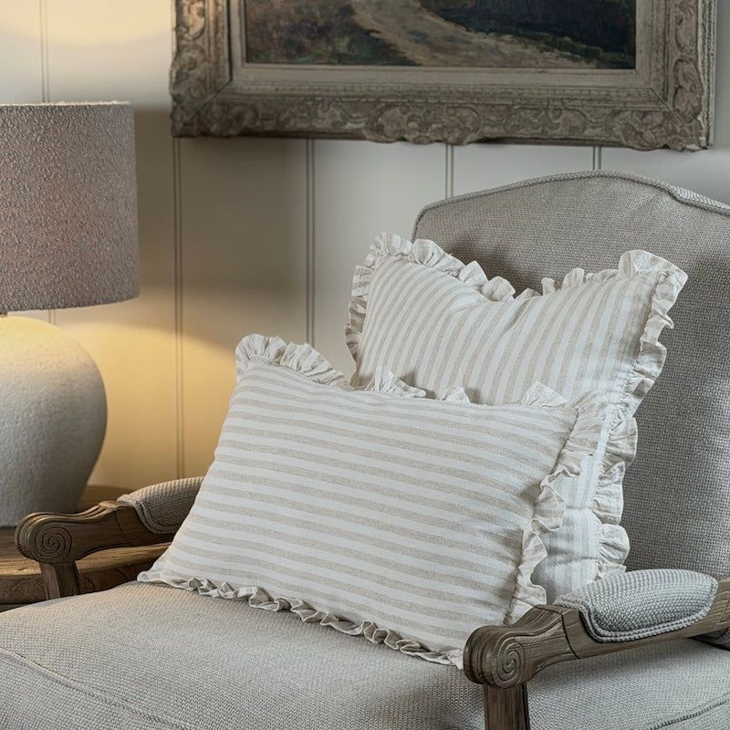 Beige Stripe Frill Cotton Cushion