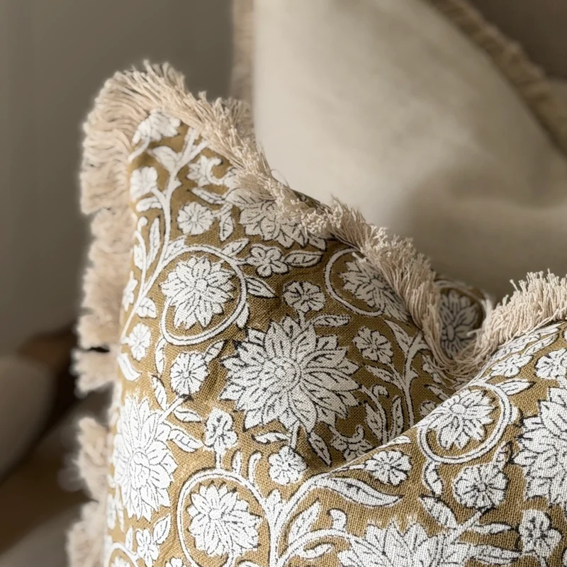 Botanical Vintage Look Linen Cushion with Frayed Edge - Image 3
