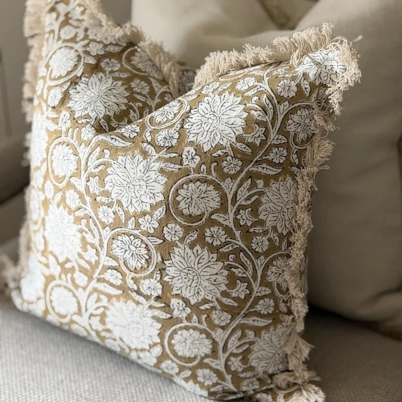 Botanical Vintage Look Linen Cushion with Frayed Edge - Image 4