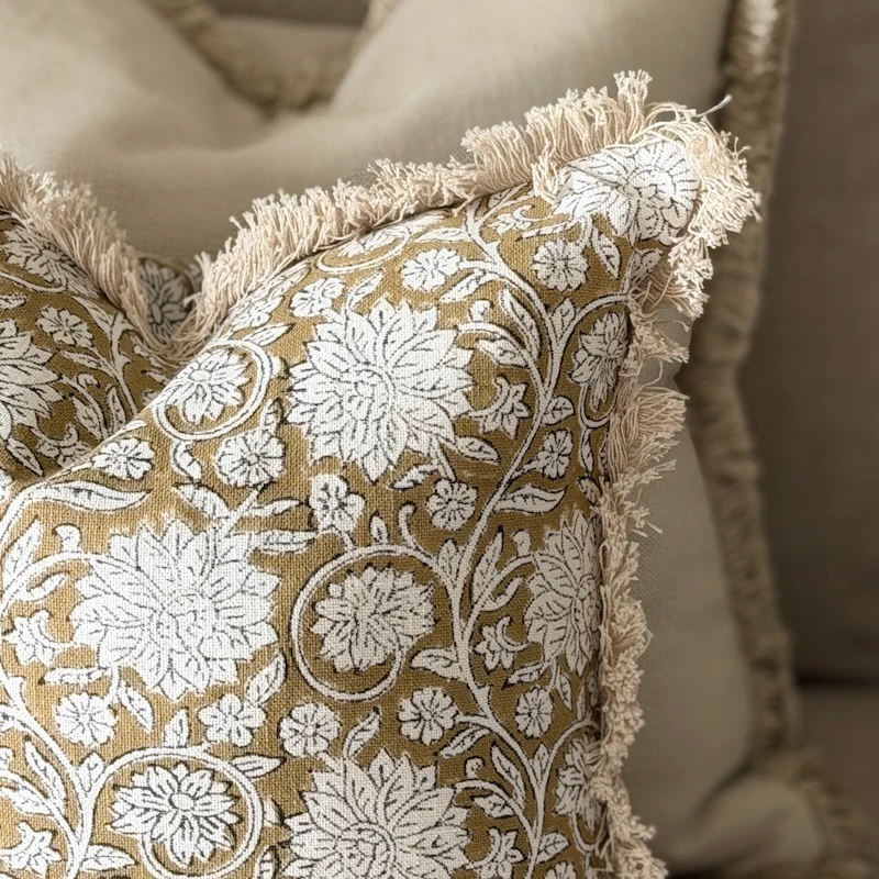 Botanical Vintage Look Linen Cushion with Frayed Edge - Image 5