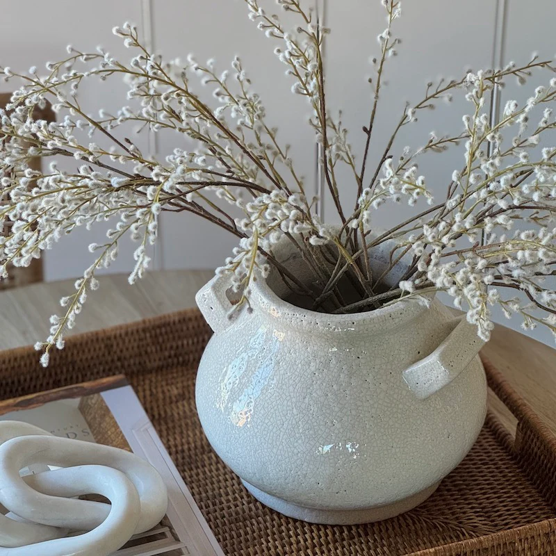 Bowness Rustic Crackle Glazed White Pot with Handles - Image 2