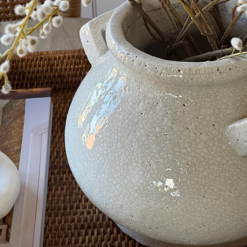 Bowness Rustic Crackle Glazed White Pot with Handles - Image 4