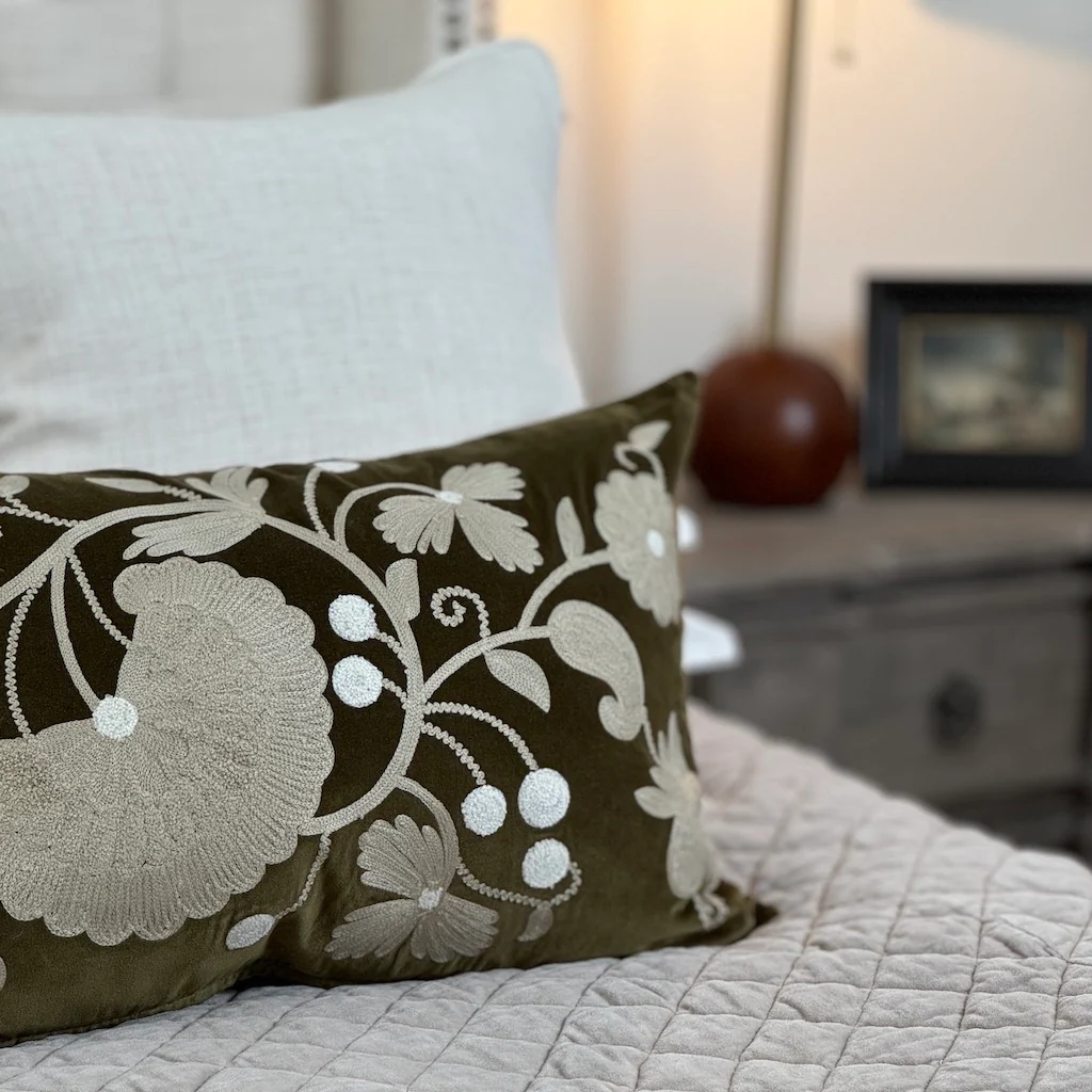 Crewelwork Olive Velvet Cushion Cover - Image 10