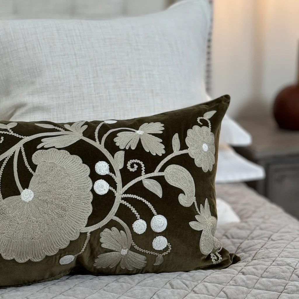 Crewelwork Olive Velvet Cushion Cover - Image 11