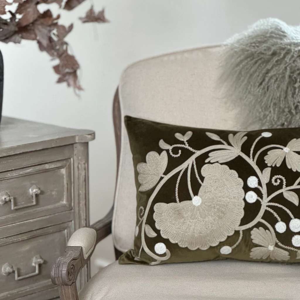 Crewelwork Olive Velvet Cushion Cover - Image 3