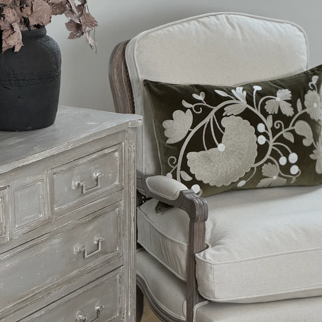 Crewelwork Olive Velvet Cushion Cover - Image 4