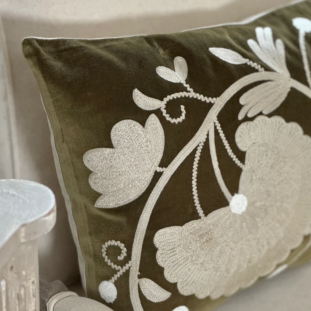 Crewelwork Olive Velvet Cushion Cover - Image 6