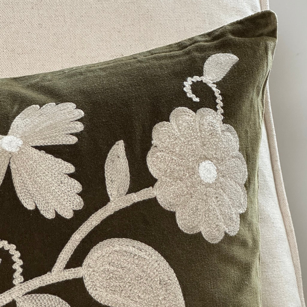 Crewelwork Olive Velvet Cushion Cover - Image 7