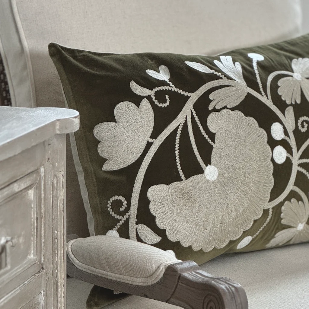Crewelwork Olive Velvet Cushion Cover - Image 8