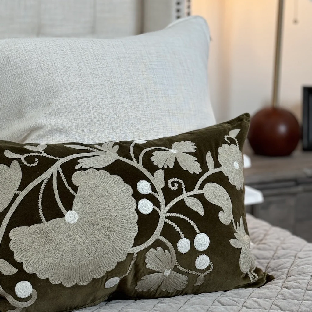 Crewelwork Olive Velvet Cushion Cover - Image 9