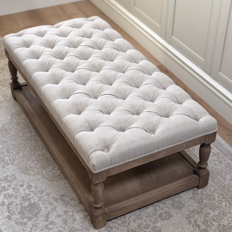 Deep Buttoned Linen Coffee Table | Solid Oak Frame & Shelf - Image 3