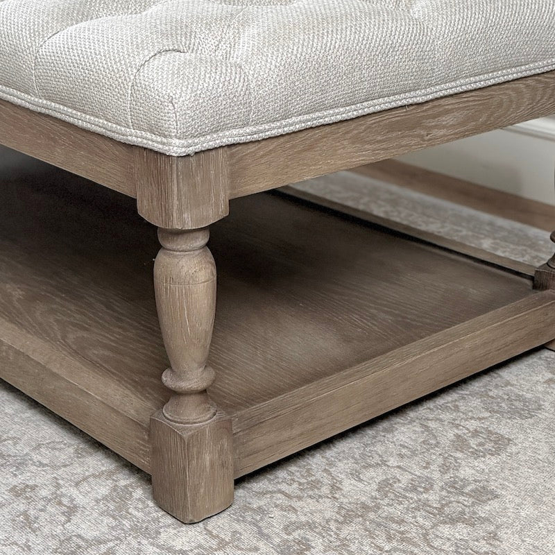 Deep Buttoned Linen Coffee Table | Solid Oak Frame & Shelf - Image 5