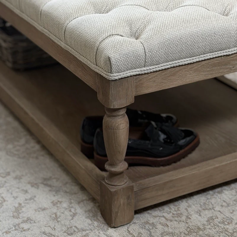 Deep Buttoned Linen Coffee Table | Solid Oak Frame & Shelf - Image 7