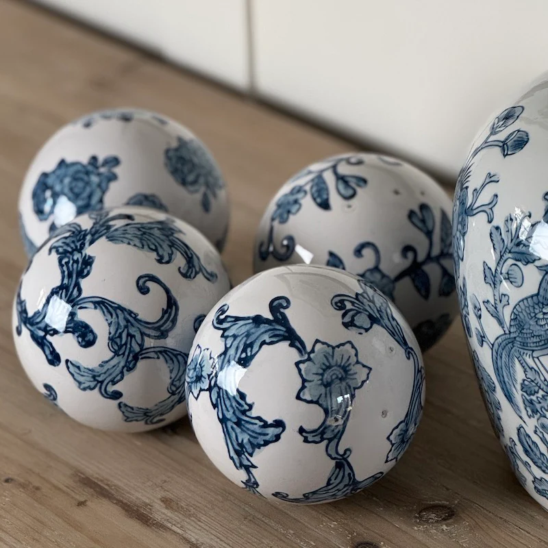 Denim Blue Set 4 Ceramic Floral Orbs - Image 3
