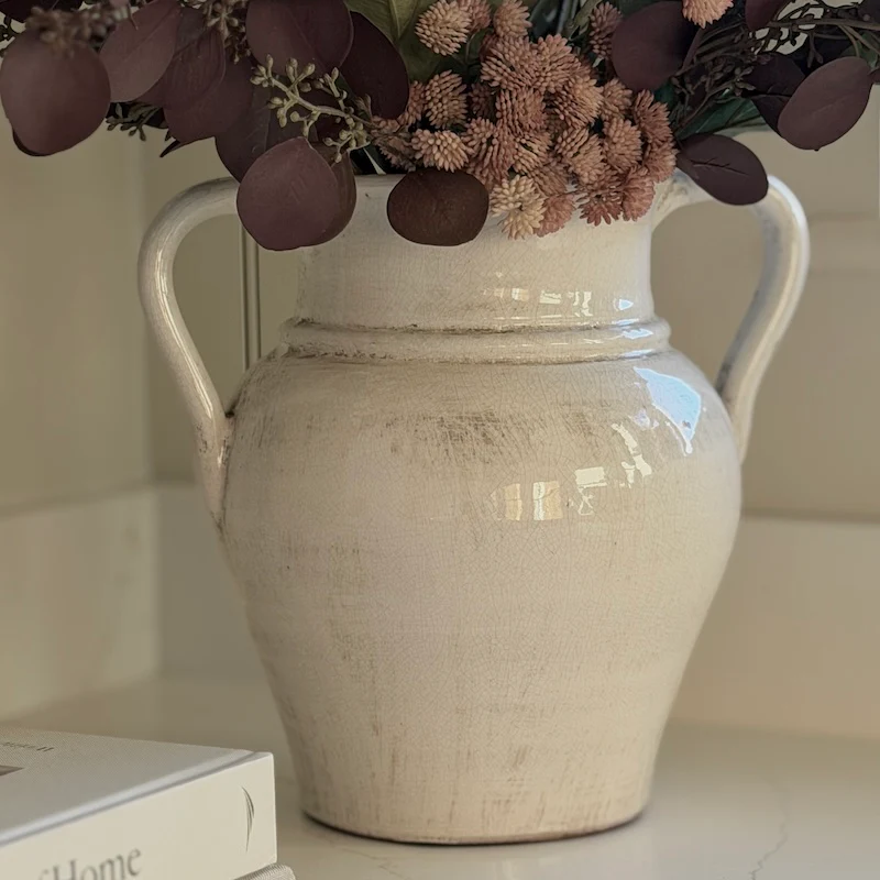 Distressed Cream Ceramic Two-Handled Vase - Image 2