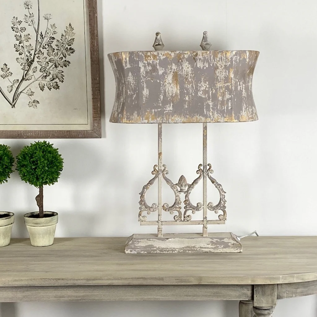 Distressed Hand Finished Grey and Cream Iron Table Lamp - Image 4