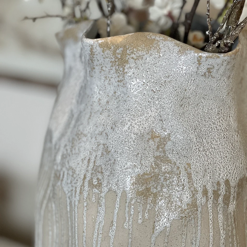 Drip Glaze Stoneware Tall Vase – Textured Neutral Ceramic - Image 2