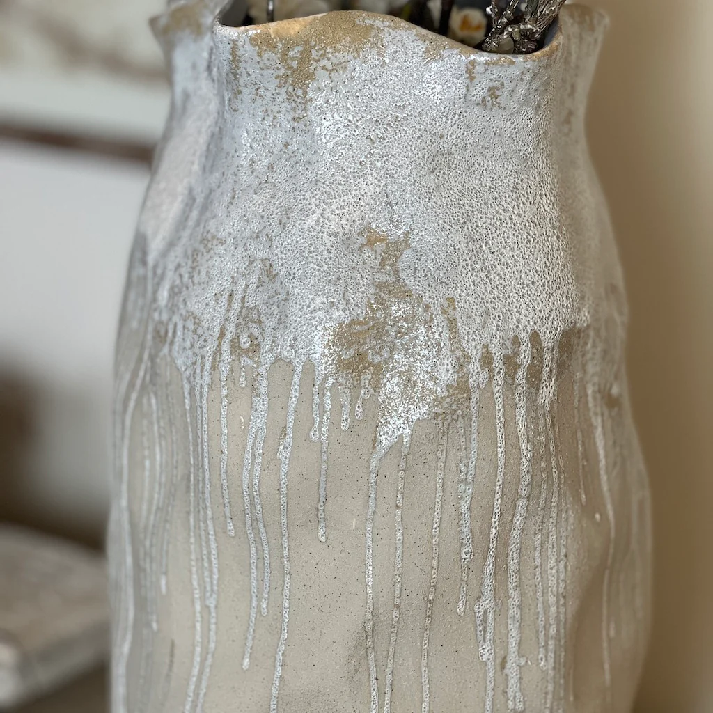 Drip Glaze Stoneware Tall Vase – Textured Neutral Ceramic - Image 4