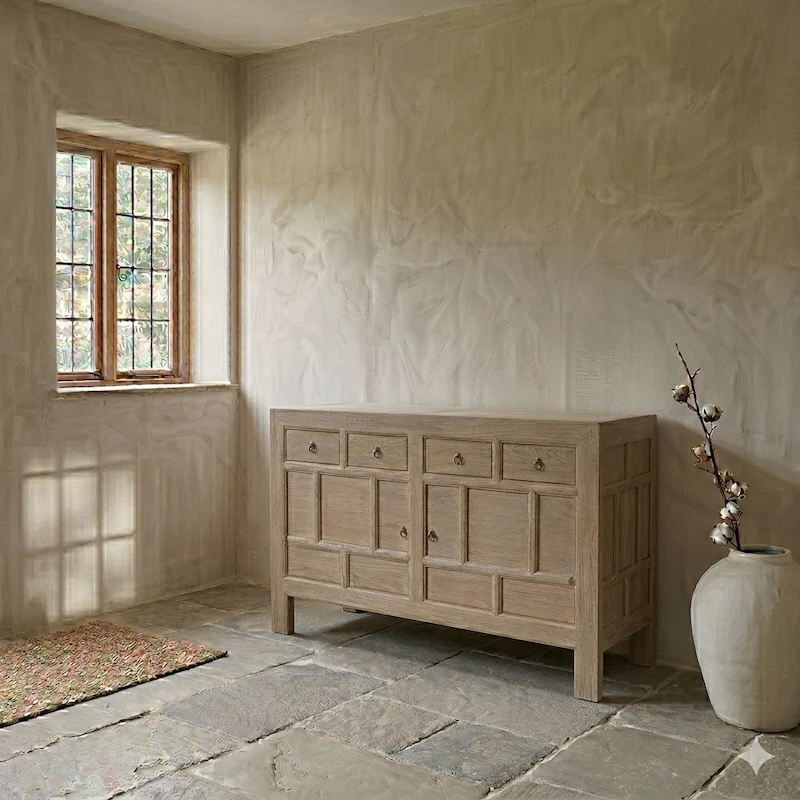 Elm Panelled 4 Drawer 2 Door Sideboard – Handcrafted Textured Driftstone Finish