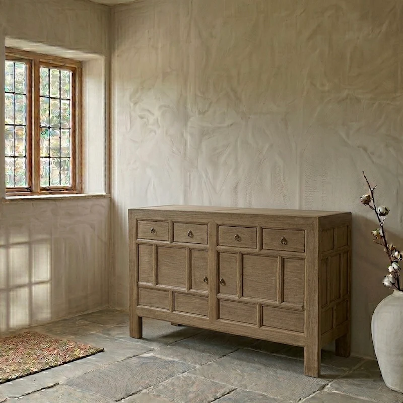 Elm Panelled 4 Drawer 2 Door Sideboard – Handcrafted Textured Natural Finish