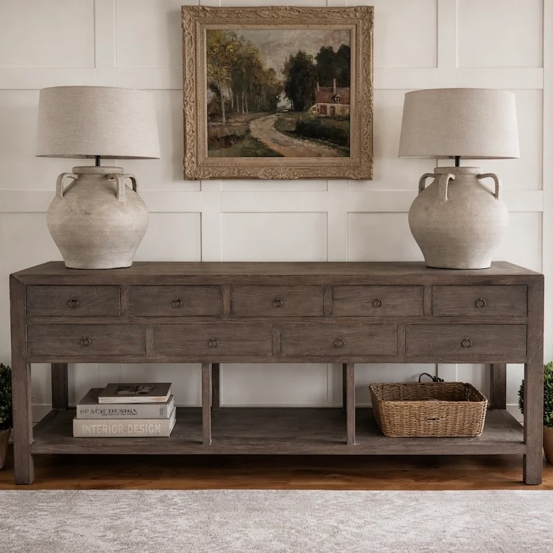 Dark Elm 9 Drawer Console Table with Shelf