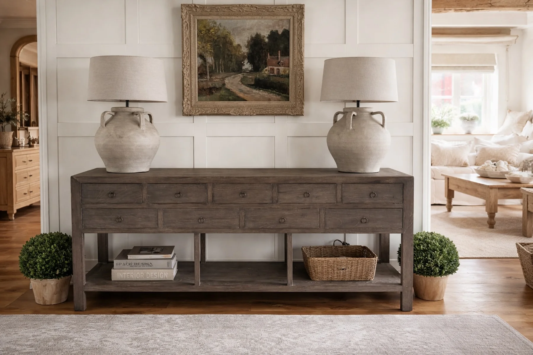 Dark Elm 9 Drawer Console Table with Shelf - Image 3