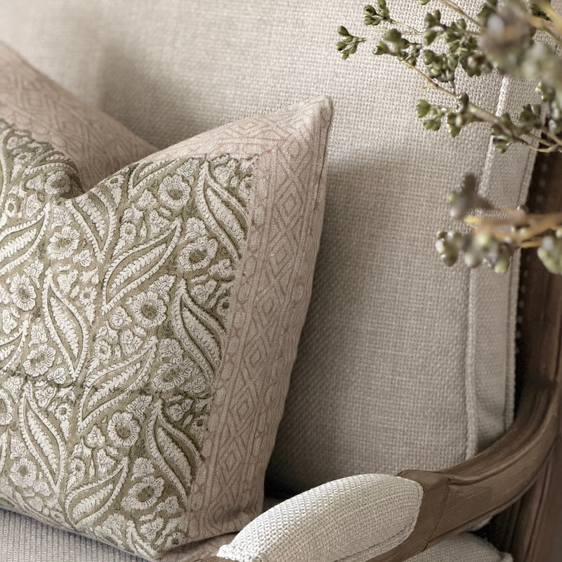 Embroidered Botanical Linen Cushion – Soft Olive & Natural - Image 2