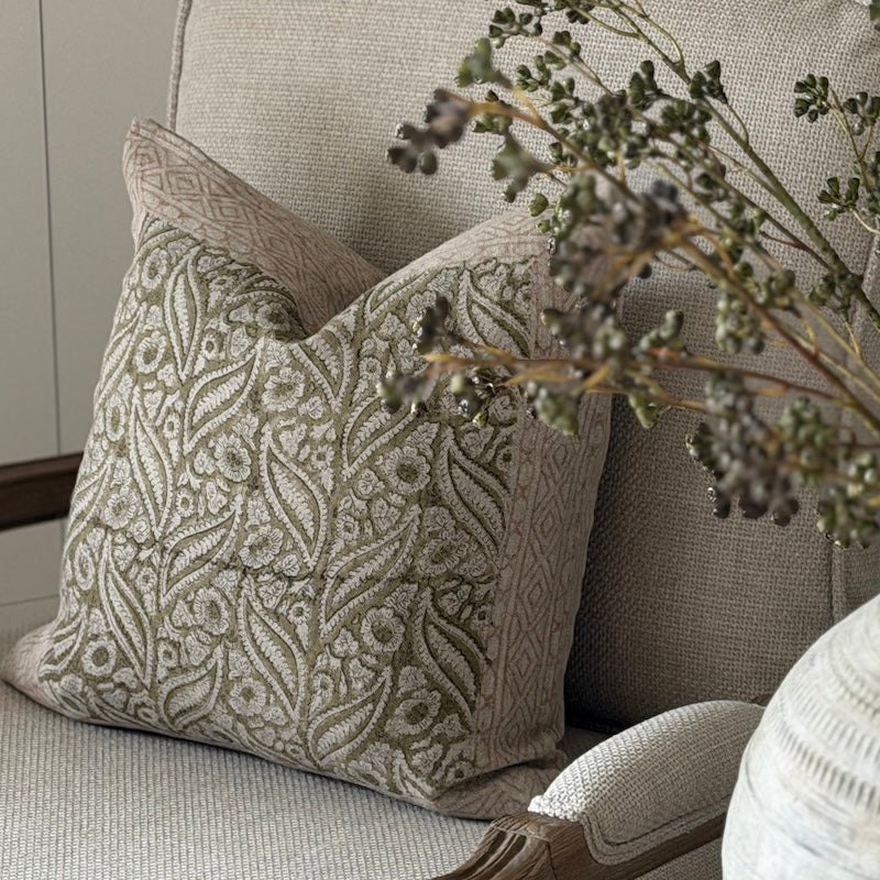 Embroidered Botanical Linen Cushion – Soft Olive & Natural - Image 3