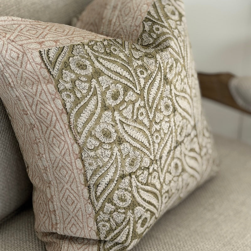 Embroidered Botanical Linen Cushion – Soft Olive & Natural - Image 4