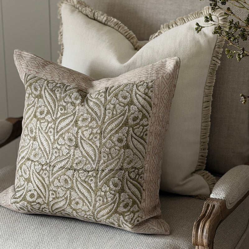 Embroidered Botanical Linen Cushion – Soft Olive & Natural - Image 5