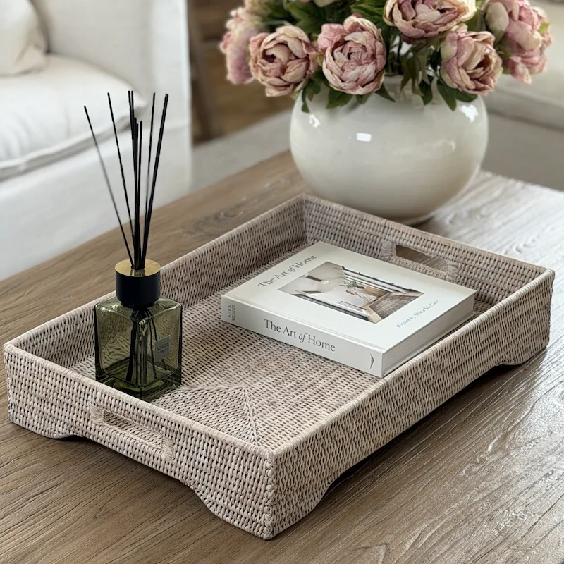 Extra Large Whitewashed Rattan Tray with Integral Handles