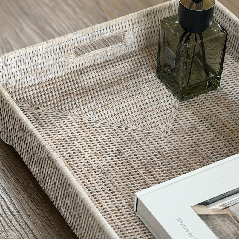 Extra Large Whitewashed Rattan Tray with Integral Handles - Image 2