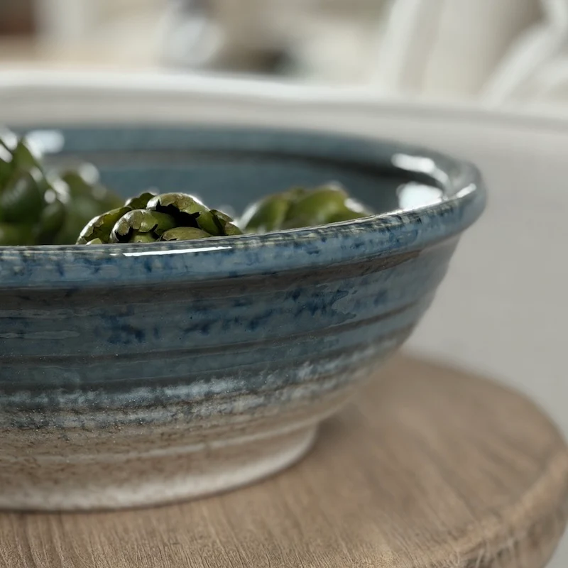 Faded Teal Taupe Glazed Ceramic Bowl - Image 2