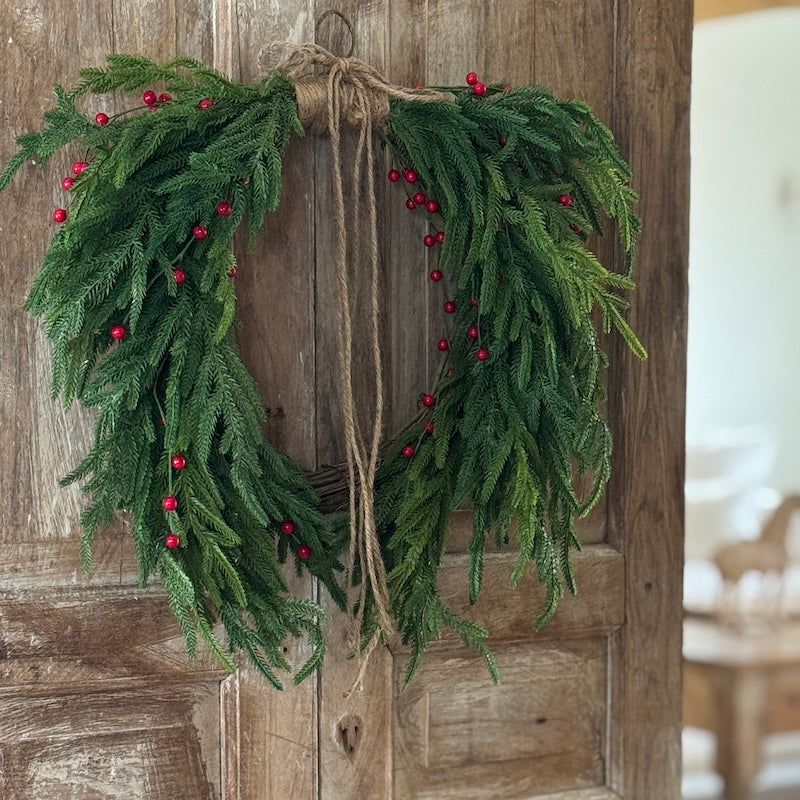 Faux Large Red Berries Green Spruce Heart Shaped Wreath - 61cm