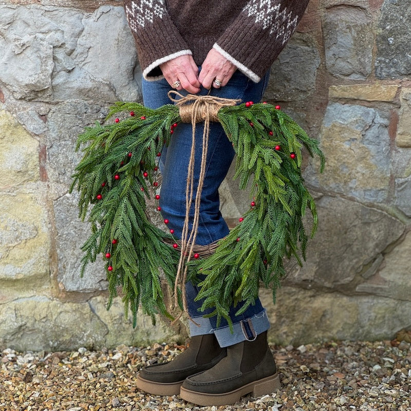 Faux Large Red Berries Green Spruce Heart Shaped Wreath - 61cm - Image 2