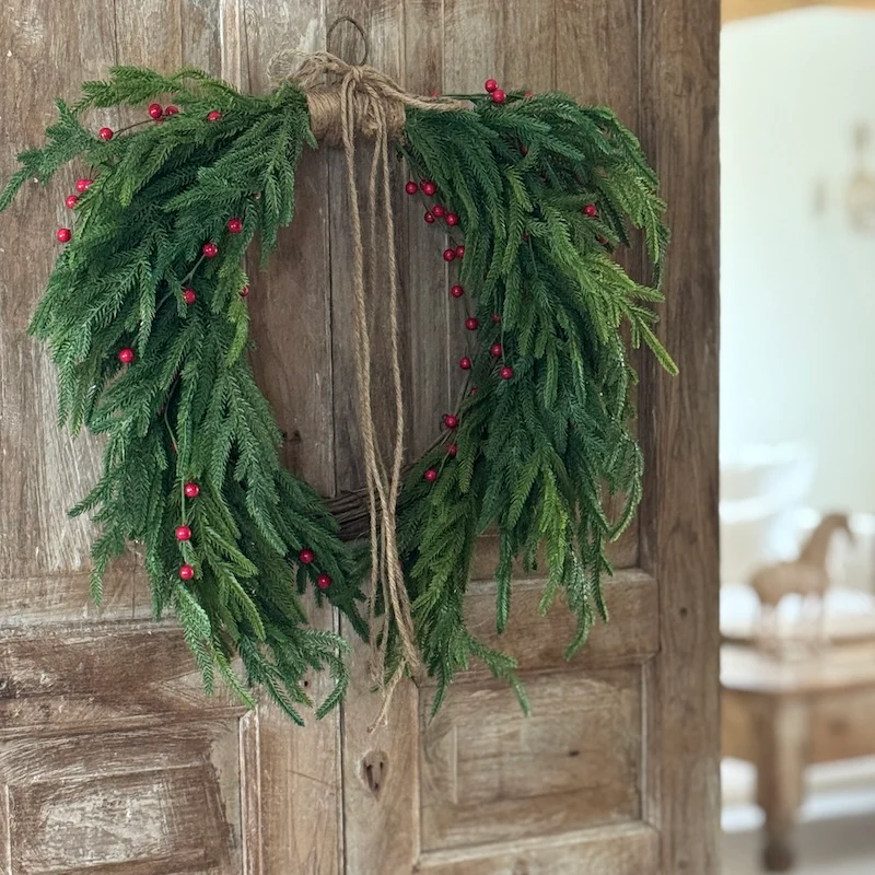 Faux Large Red Berries Green Spruce Heart Shaped Wreath - 61cm - Image 3