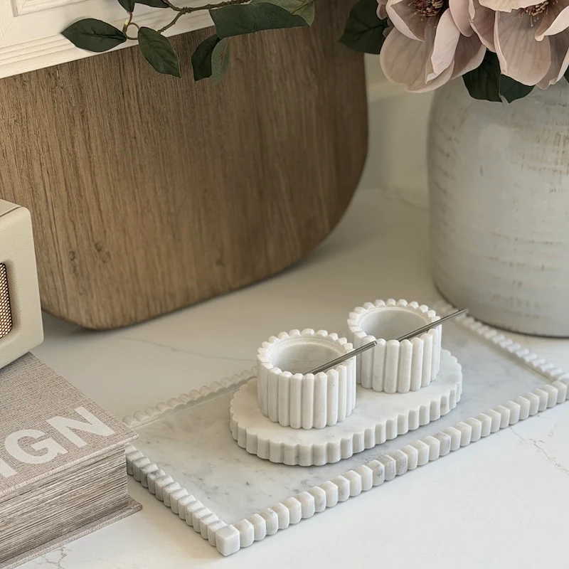 Fluted Marble Twin Condiment Pots with Spoon and Oval Plinth