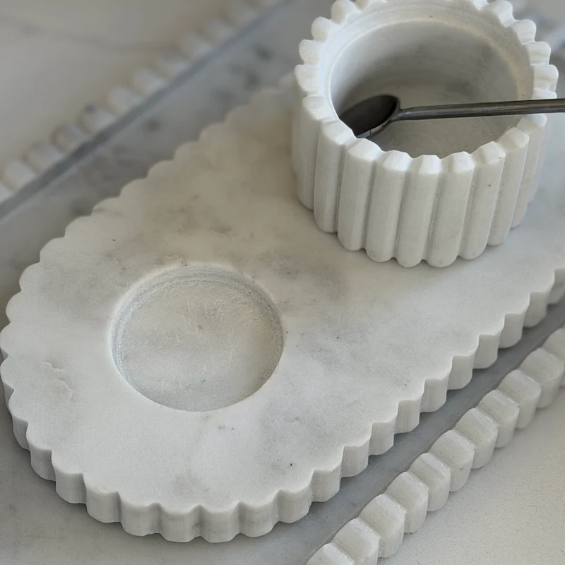 Fluted Marble Twin Condiment Pots with Spoon and Oval Plinth - Image 6