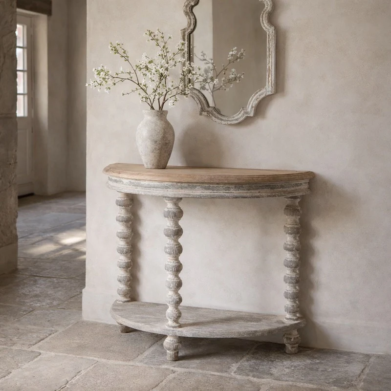 French Inspired Worn Demi-Lune Console Table