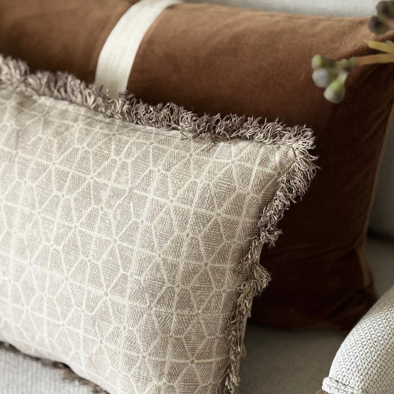 Geo Block Print Linen Bolster Cushion with Frayed Edge - Image 3