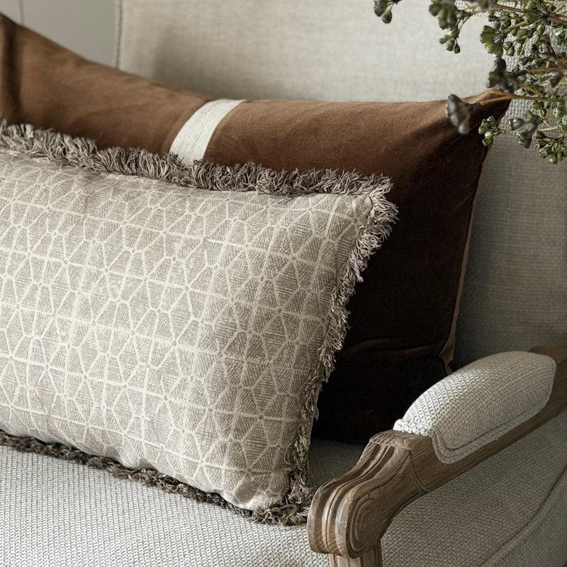Geo Block Print Linen Bolster Cushion with Frayed Edge - Image 4