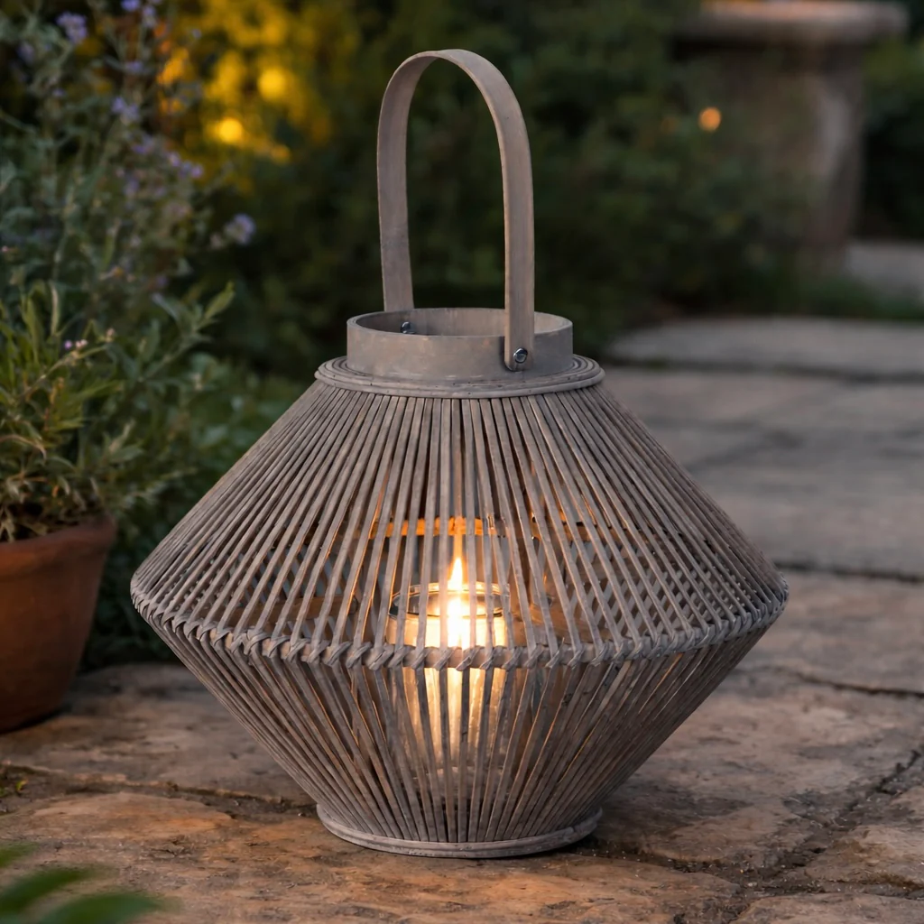 Grey Rattan Outdoor Lantern with Handle