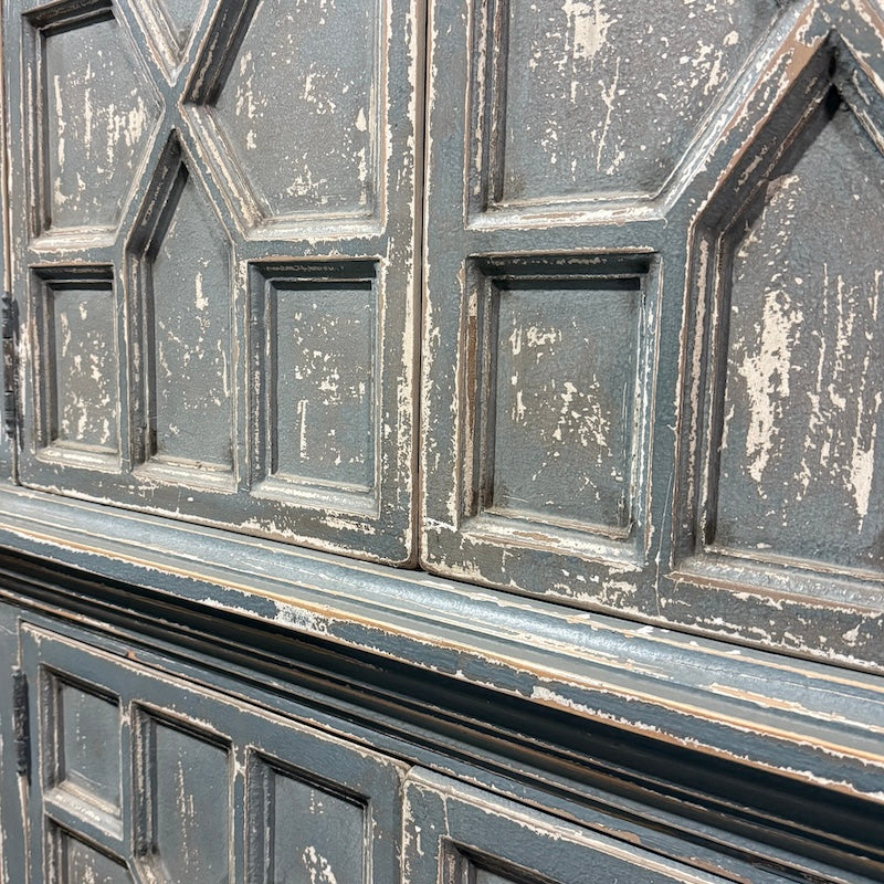 Distressed Blue-Grey Geometric Cupboard — Hand-Finished Vintage Style - Image 3