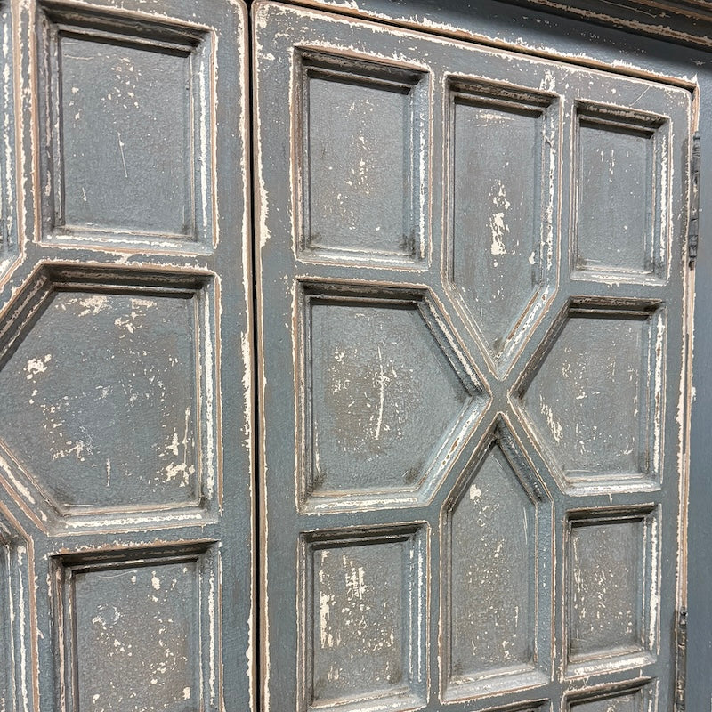 Distressed Blue-Grey Geometric Cupboard — Hand-Finished Vintage Style - Image 4