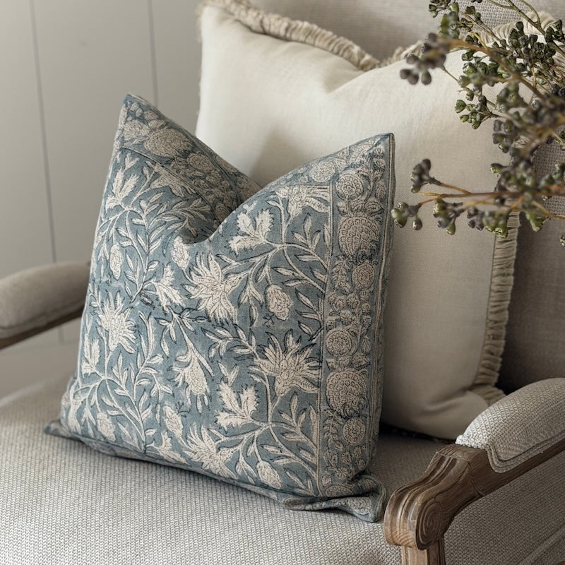 Hand-Printed Botanical Linen Cushion – Soft Blue & Natural